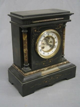 A 19th Century French 8 day striking mantel clock with porcelain dial and visible escapement, contained in a marble architectural case