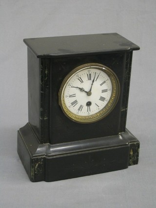 A 19th Century French 8 day mantel clock with porcelain dial and Roman numerals contained in a black marble case