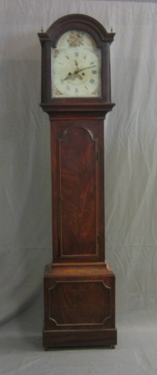 An 18th Century 8 day striking long case clock, the 12" arched painted dial with minute indicator and calendar aperture (hole to the numeral I) by Edward Deene of Chilham, contained in a mahogany case with long door (33"), 82" overall, (base possibly restored)