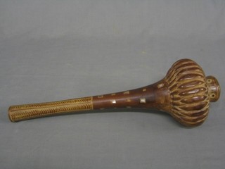 An Eastern hardwood knobkerrie inlaid mother of pearl panels 21"