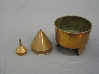 A copper spirit funnel marked G & C, do. beer funnel and a copper barrel funnel (3)