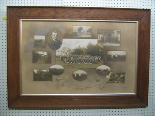 An Edwardian black and white collage souvenir of Kings Farm 1909, contained in an oak frame