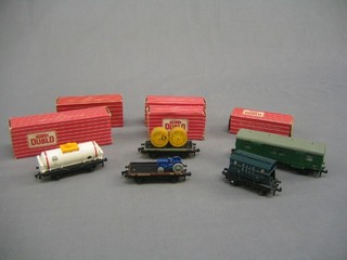 A Hornby OO 4323 SR 4 wheel utility van, boxed, a Hornby 4646 low sided wagon DI boxed, a Hornby 4627 ICI 20 ton wagon, boxed, a Hornby 4675 tank wagon Chlorine boxed, a Hornby 4649 low sided wagon with trailer, all in red boxes