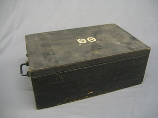 A wooden box containing various Hornby OO gauge rails etc