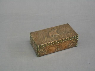 An Art Nouveau embossed copper cigarette box the lid decorated a Viking long ship and marked HB to the side (hinge f) 9"