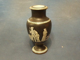 A  Prattware black glazed Grecian style urn, the base marked Old Greek (Pratt) 7"