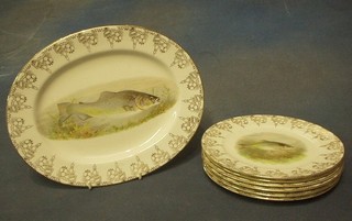 A Cauldon pottery plate decorated trout 13" and 6 circular plates decorated fish