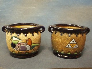 A pair of Art Nouveau Rosta Amphora pottery twin handled jardinieres decorated stylised ducks, 5"