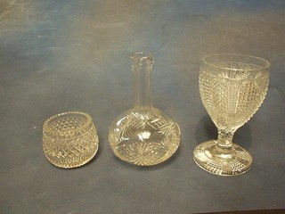 A Victorian pressed glass goblet, a cut glass decanter (no stopper) and a Victorian cut glass bowl