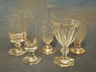 2 cut glass rummers, an etched glass rummer and 2 19th Century champagne flutes