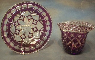 A boat shaped pink overlay glass vase 8" and a circular bowl 12"
