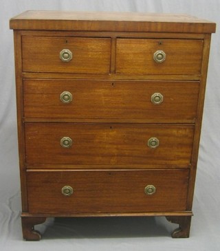 A 19th Century mahogany D shaped chest with ebonised stringing, fitted 2 short and 3 long drawers with brass replacement handles, raised on bracket feet (some veneer damage) 35"