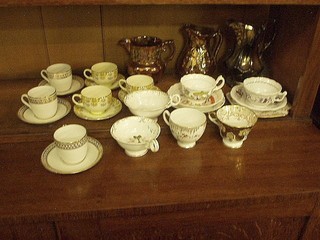 3 Sunderland lustreware jugs (1 chipped) and various decorative cups and saucers