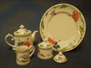 A Villeroy and Boch Amapola pattern dinner service comprising oval twin handled dish 15", 12" tureen and cover (chip to rim), circular plate 12", cylindrical jar and cover 3", cream jug and tea pot 