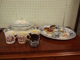 A green glazed twin handle tureen and cover, do. meat plate, blue and white meat plate, single pillar microscope, 2 modern Worcester dishes, 4 various Coronation mugs and a small collection of decorative ceramics