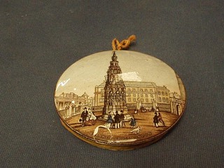 A 19th Century circular Prattware pot lid decorated Charing Cross London 4" (chipped and R)