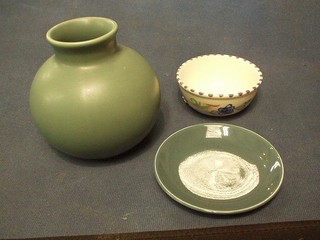 A Poole Pottery Celadon coloured globular shaped vase 5", a circular green glazed Poole Pottery dish 4" and a Poole Pottery bowl 3"