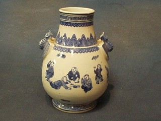 A 19th Century Oriental blue and white twin handled vase, the  base with 4 character figure mark within a circle 8"