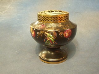 A Monmouth Art Deco pottery black glazed jardiniere with chinoiserie decoration, complete with spreader, 7"