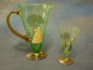 An Art Deco green glass 7 piece lemonade set decorated Crinoline ladies in trees comprising jug and 6 tapering glasses