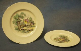4 Clarice Cliff circular pottery plates decorated water mill scenes 10" (some crazing) and 2 side plates 9"
