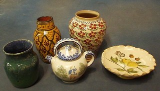 An Art Pottery vase 7" (chips to base), 2 other Art Pottery vases, a Quimper dish (base chipped) and a small teapot