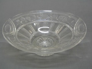 An oval etched and cut glass twin handled fruit bowl 15", raised on a circular spreading foot