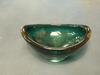 A Whitefriars boat shaped green glass bowl 5 1/2"