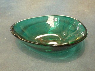 A Whitefriars green glass triangular bowl 9 1/2"
