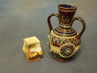 A Doulton Lambeth salt glazed twin handled urn, the base impressed Doulton Lambeth 6" and a Royal Doulton rustic England vase 3" (chip to base)