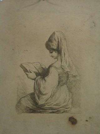 A 17th/18th Century Bartolozzi engraving "Seated Lady with Book" marked   F Bartolozzi London,  11" x 7" (slight blemish to base, unmounted)