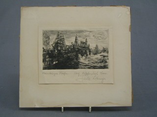 John Lauge? etching "Harbour Scene with Three Funnel Liner" 5" x 6"