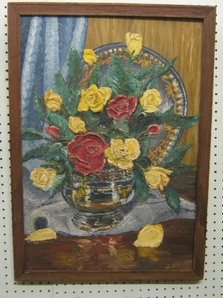 J Dollery, oil painting on board impressionist still life "Vase of Flowers" 21" x 15"
