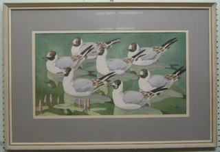 Noel Cusa, watercolour drawing "Birds of a Feather" the reverse with Federation of British Art Galleries label Norfolk and Norwich Arts Circle, James Bourlet & Sons and Bird Land Gallery label, 11" x 20", signed
