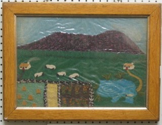 Naive fabric collage "Wales with Sheep and Mountains in Distance" 10" x 13"