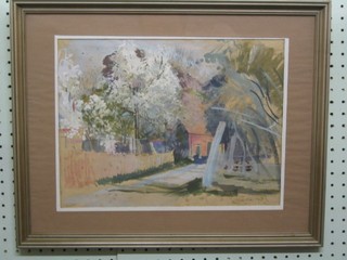 Hilda Chancellor Pope, watercolour drawing "Blossom" the reverse with exhibition label Leicester Gallery, Leicester Square London 1952, signed 11" x 14"