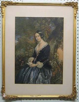 19th Century Baxter print "Seated Lady by a Tree with Letter" 15" x 10" in a gilt frame