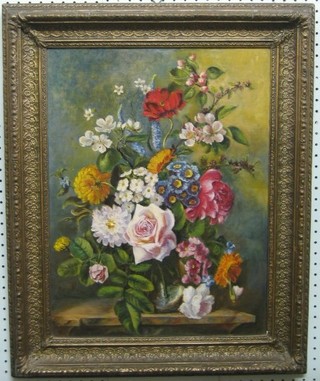 After Shaw, oil painting on board, still life study, "Vase of Flowers" labelled to the reverse 20" x 14"
