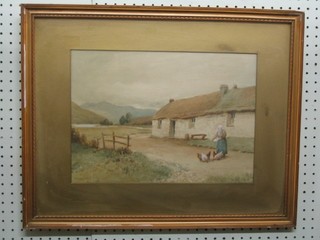 G Ashworth, watercolour drawing "Irish Scene with Cottage and Figure Feeding Chickens" 10" x 15"