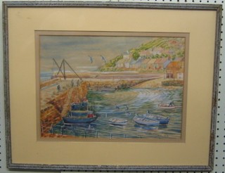 Wilnham, impressionist watercolour study "Cornish Harbour with Fishing Boats" 10" x 14" signed and dated 1954