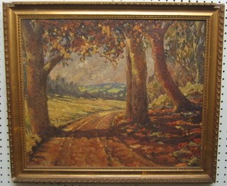 W Pollak, oil on board "Country Scene with Wooded Lane" 14" x 17"