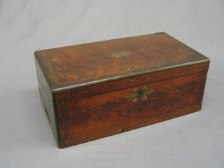 A handsome Victorian figured mahogany and brass banded writing slope with hinged lid and brass counter sunk handles 20" (some brass stringing missing)
