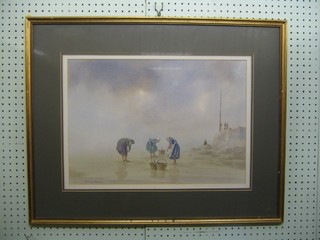 Edwardian Emerson watercolour "Gathering Cockles" signed 13" x 20"