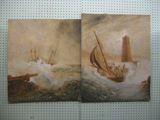 A pair of watercolour drawings "Ships in Very Heavy Seas" 22" x 20" unframed
