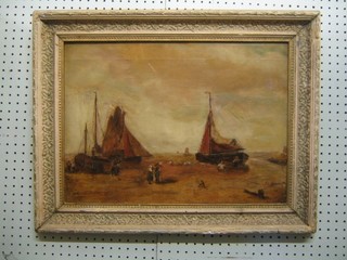 A 19th/20th Century oil painting on canvas "Beached Sailing Boats" 14" x 19" (numerous holes to the reverse)