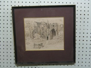T A Hillowe, etching "Compton Castle" signed and dated 1898 7" x 7"