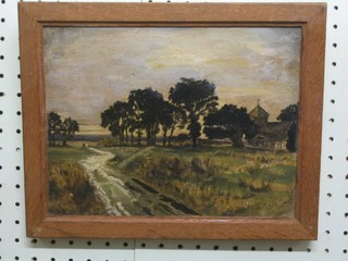 19th Century naive oil painting on board, impressionist study, "Rural Lane by Church" 8" x 10"