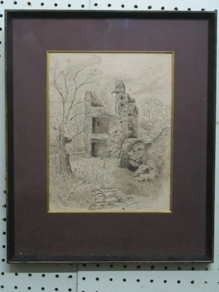 T A Hillowe, etching "Berry Pomeroy Castle" 8" x 7"