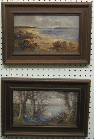 S T John Burtan, pair of 19th Century oil paintings on card "Studland Bay Dorset and The Edge of the Copse Old Harry" 5" x 9"