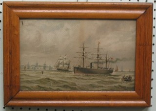 C F Lewis, watercolour "19th/20th Century Steam Sailing Ship with Clippers and other Vessels of Continental Coast Line" 6" x 10" contained in a walnut frame